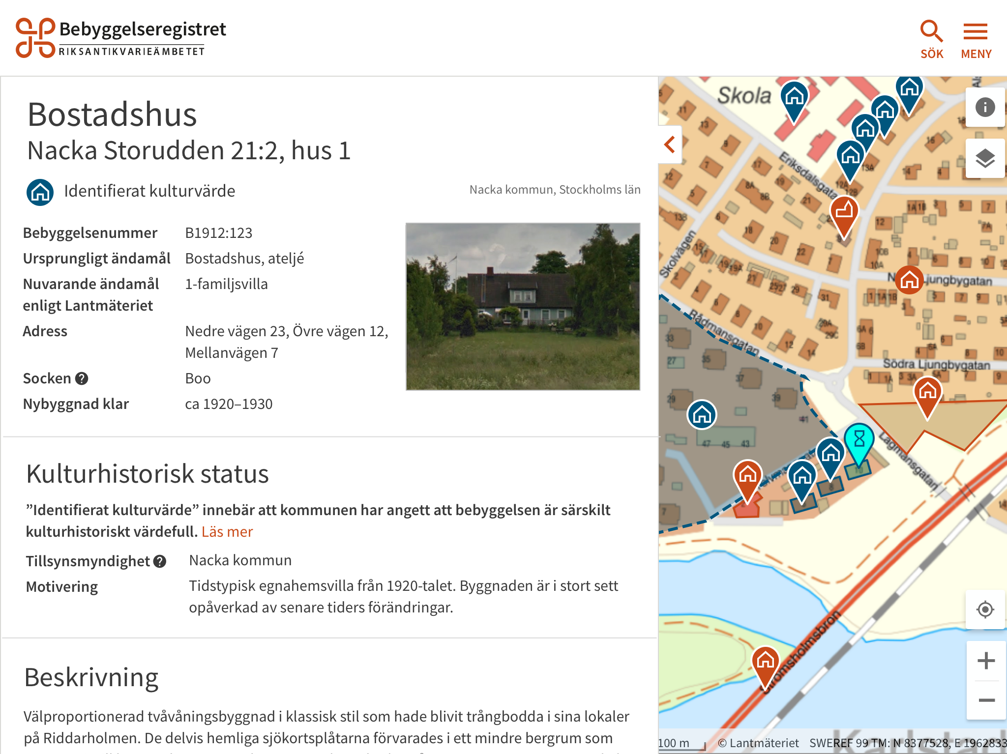 Bilden visar ett exempel på hur information och bilder visas i det nya registret för bebyggelse.