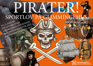 Piratkollage med skepp, skattkista, pirater, kanon, papegoja, dödskalle och tunnor.