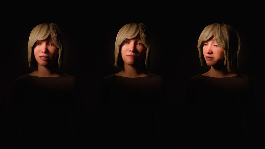 Tre avatarer av Egtvedflickan med olika ansiktsuttryck, mot en svart bakgrund.