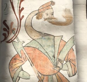 Medeltida kalkmålning på en skäggig krigare med lång svanhals och vapen i hand.