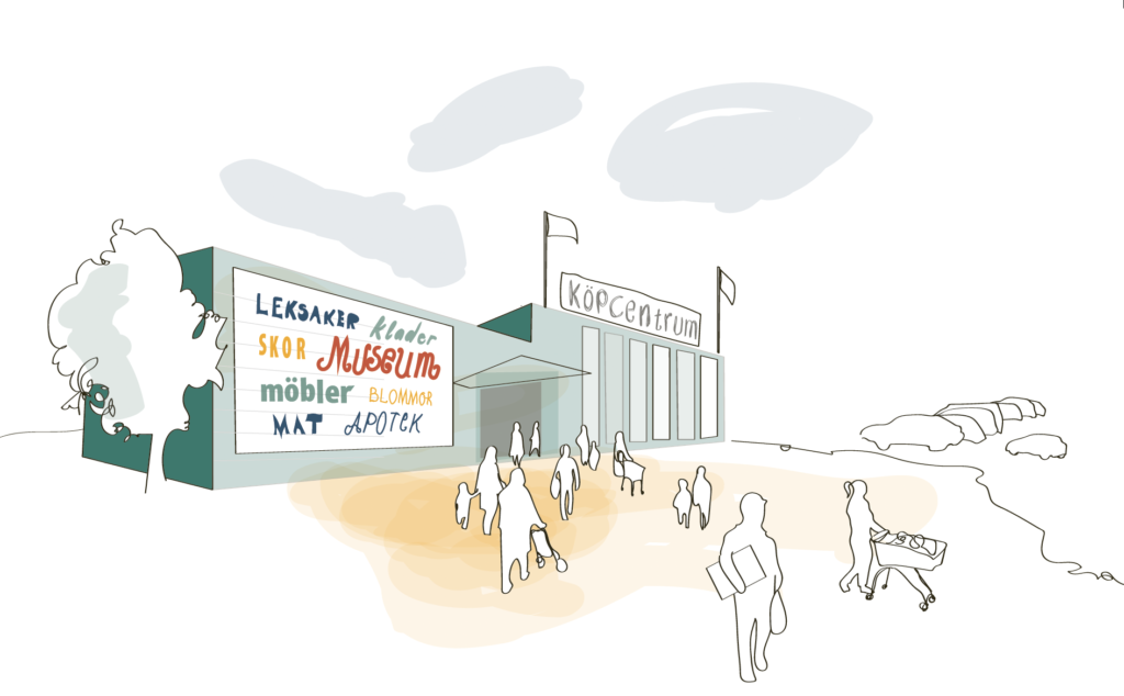 Illustration föreställande ett köpcentrum
