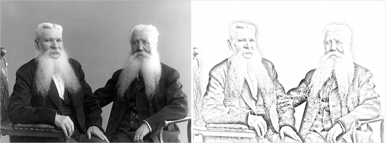 Svartvitt fotografi där två män sitter i varsin stol, båda har långa vita skägg som är delade i två flikar.