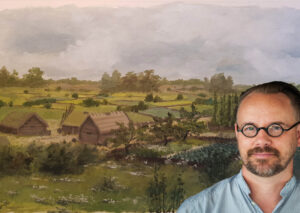 Kollage med Jens Heimdahl framför hans målning av en medeltida trädgård på landsbygden.
