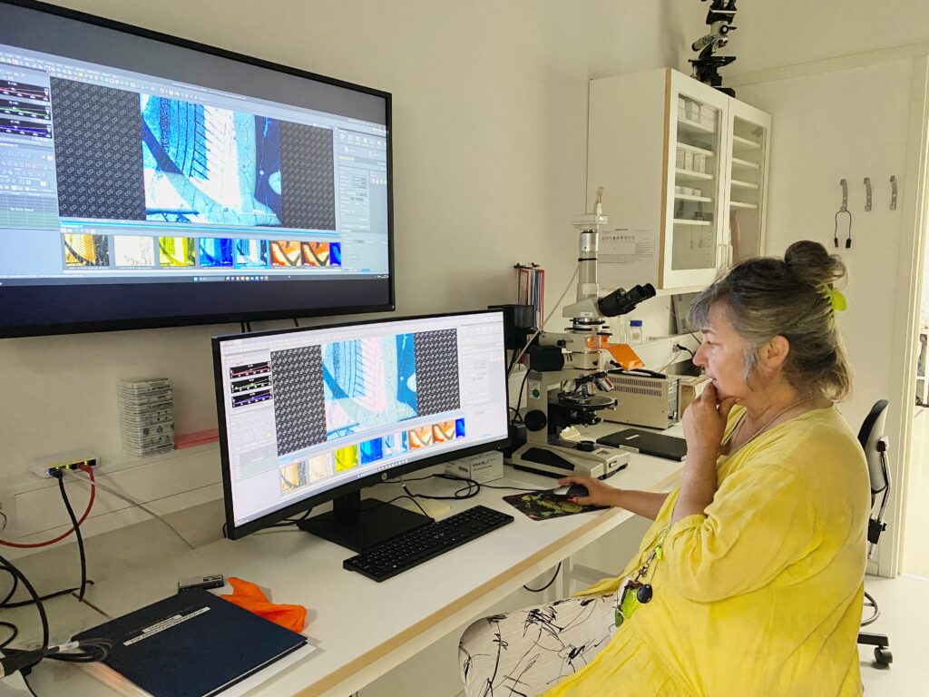 En kvinna i gul klänning granskar bilder på två stora datorskärmar.