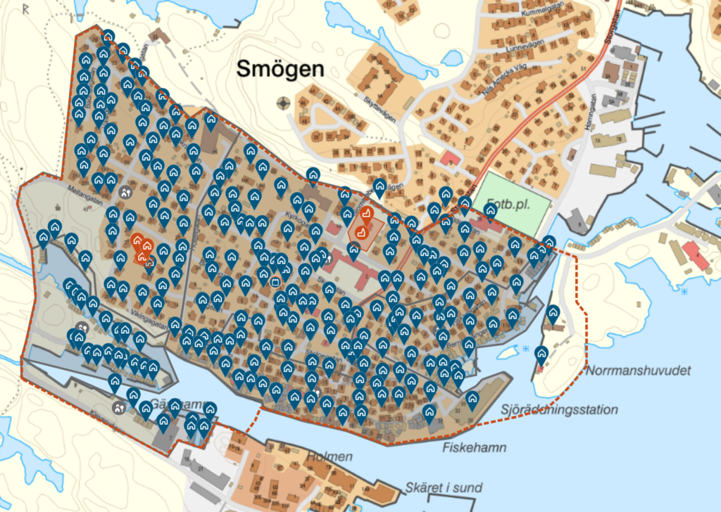 Exempel över Smögen visar hur kartan kan komma att visas i nya bebyggelseregistret. Observera att bilden är en arbetsskiss. Skärmavbildning.