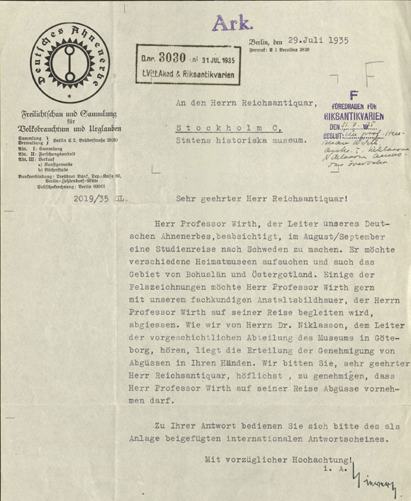 Brev från Ahnenerbe till Riksantikvarieämbetet där man ansöker om tillstånd för att gjuta av hällristningar i Bohuslän under sommaren/hösten 1935 Riksantikvarieämbetets arkiv 