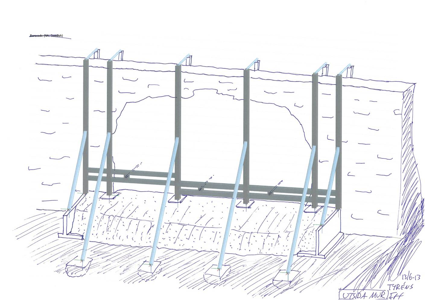 Skiss på hur stålkonstruktionen bärs upp av en gjuten platta, muren sett från utsidan.