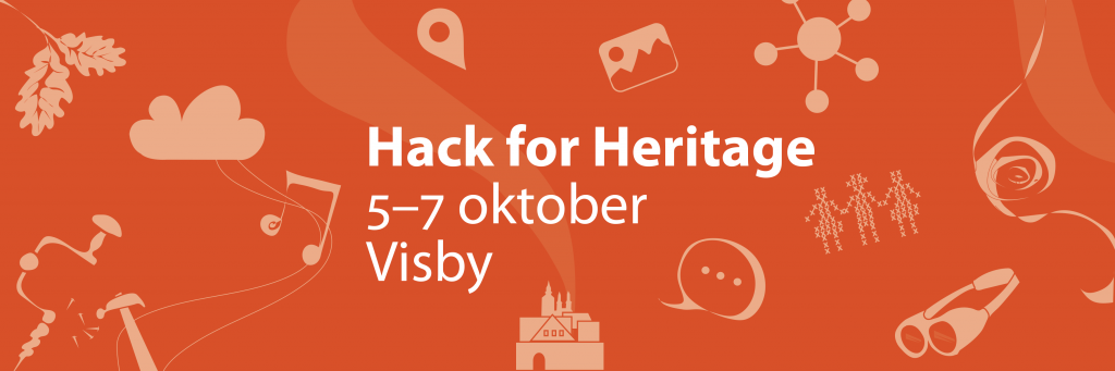 Illustration för evenemanget Hack for Heritage, med olika symboler på en orange bakgrund.