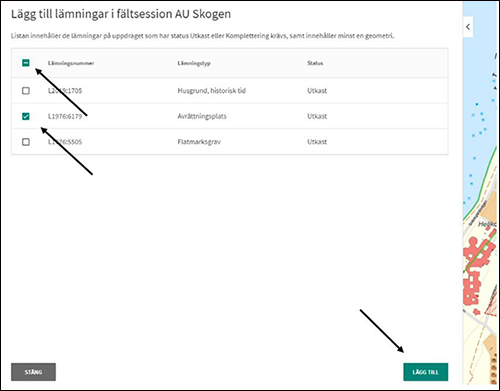 Fältreg vy Lägg till lämningar i fältsession