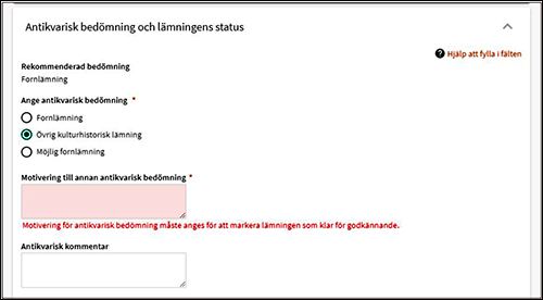 Fältreg vy Motivering antikvarisk kommentar