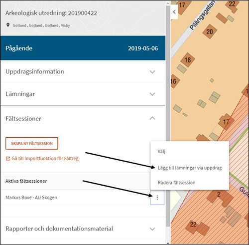 Fältreg vy Skapa ny fältsession