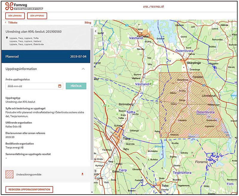 Exempel på undersökningsområde utan KML-beslut i Fornreg