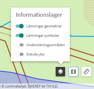 Utsnitt ur Fornreg, lista på informationslager i kartan