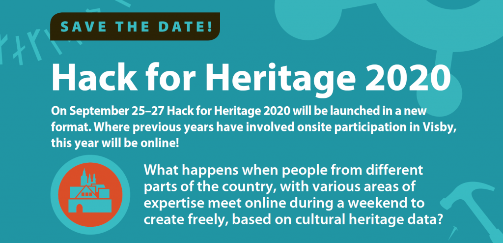 Illusterad bild med olika verktyg och texten Hack for Heritage 2020