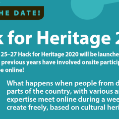 Illusterad bild med olika verktyg och texten Hack for Heritage 2020