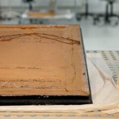 Baksidan av en tavla ligger på ett bord.