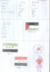 Barnteckning av flaggor från Syrien, Palestina och Irak och text om demokrati