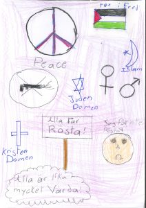 Barnteckning med fredsmärke och texten peace, kvinno- och manssymbol, stjärna med text judendomen, kors med test kristendomen, stjärna och halvmåne med text islam. text alla får rösta och alla är lika mycket värda.