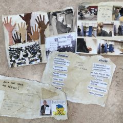 Bilder på händer med olika hudfärg, bilder på demonstation för allmän rösträtt, bilder på hur ett val går till med valbås mm, text om vad demokrati är, text om vad diktatur är samt text: alla har rätt att rösta