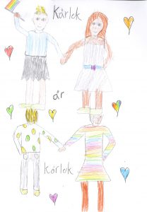 Barnteckning på par som håller varandra i handen och text: kärlek är kärlek