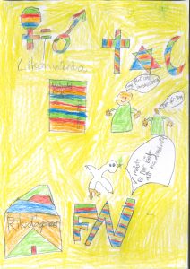 Barnteckning på kvinno- och manssymboler, valsedel, brev till riskdagen, FN-logga och religiösa symboler målade i regnbågsfärger