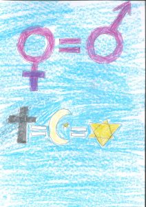 Barnteckning med mans-och kvinnosymbol och religiösa symboler och alla med likhetstecken emellan