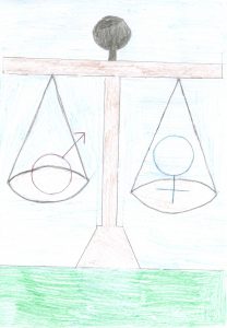 Barnteckning på vågskål med manssymbol i ena skålen och kvinnosymbol i andra och vågen väger lika
