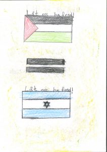 Barnteckning på flaggor med likhetstecken emellan och text: låt oss ha fred