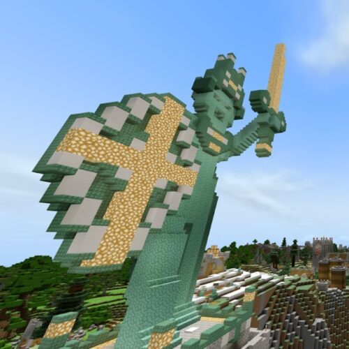 Man med svärd i handen byggd av legoliknaden block.