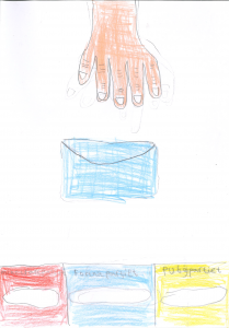 Barnteckning på hand som tar ett kuvert för röstsedlar