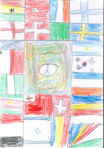 Barnteckning på fredsmärke och flaggor från hela världen