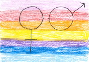 Barnteckning på mans- och kvinnosymbol på regnbågsfärgad bakgrund