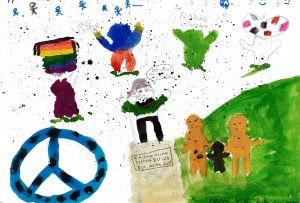 Barnteckning på barn som uttrycker åsikter och ett fredsmärke