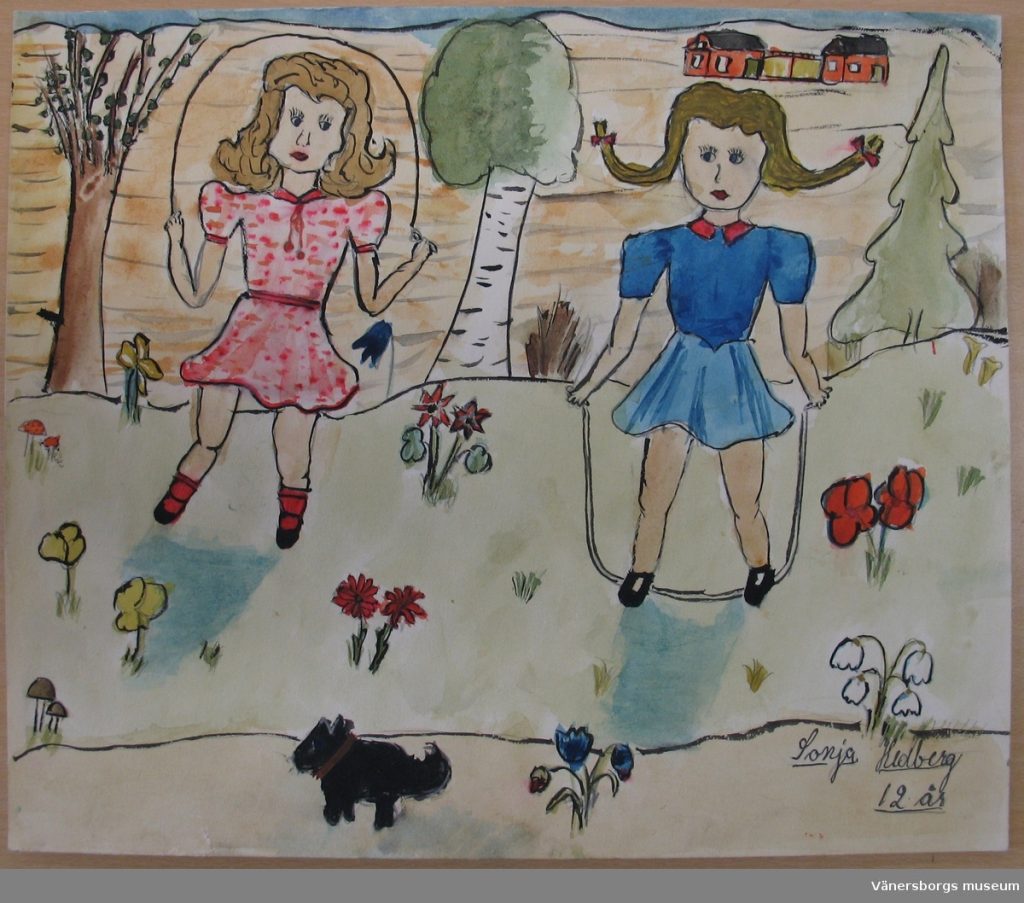 Barnteckning på två flickor som hoppar rep