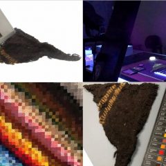 Collage av bilder på färgad textil som undersöks i Kulturarvslaboratoriet.