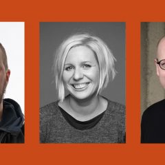 Porträttbilder på Nils Harnesk, Karin Nilsson och Carl Heath som utgör Museipanelen den 30 september 2022.