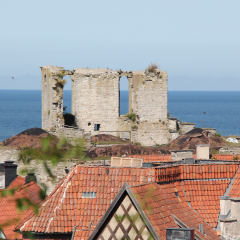 Bilden visar Sankt Lars kyrkoruin i Visby. I förgrunden ser man röda tegeltak och i bakgrunden Östersjön