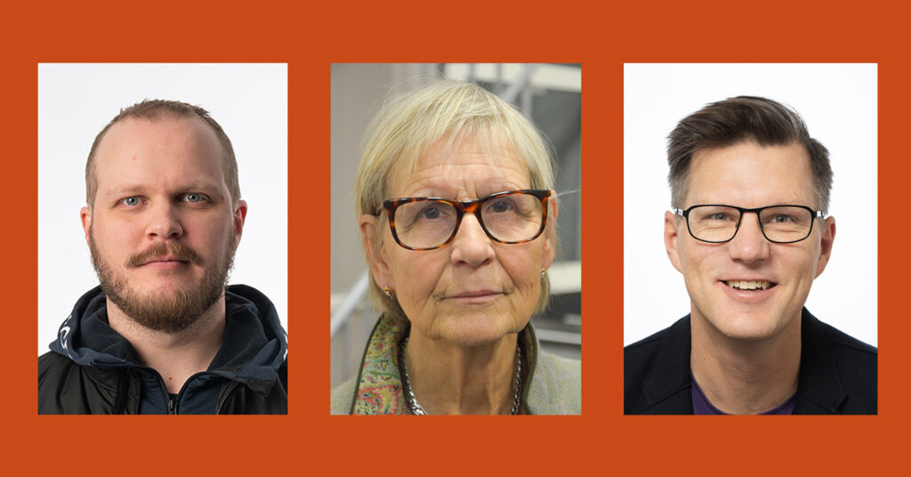 Porträttfoton på Museipanelens medlemmar Nils Harnesk, Kerstin Brunnberg och Klas Grinell mot orange bakgrund.