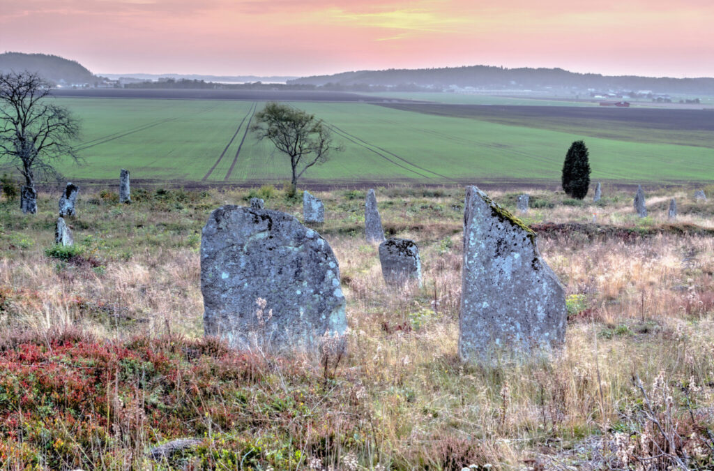 Några äldre grå gravstenar med en grön åker och en orange himmel i bakgrunden.