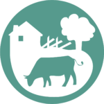 Grön symbol med illustrarationer av ett hus, träd och staket. I förgrunden en ko.