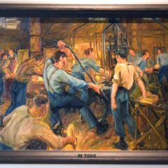 BIlden visar arbetande män i en glashytta.