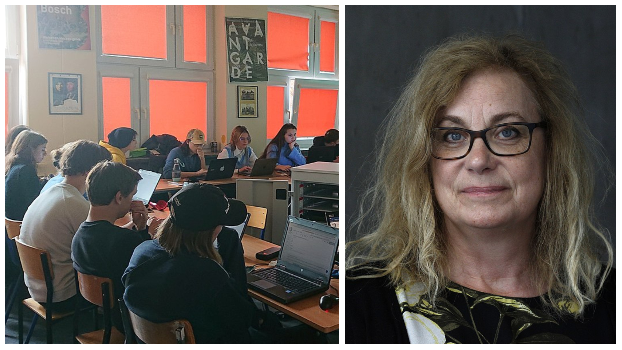 Tvådelat foto: Till vänster elever med bärbara datorer i ett klassrum; till höger porträttfoto föreställande pedagogikforskaren Elza Dunkels.