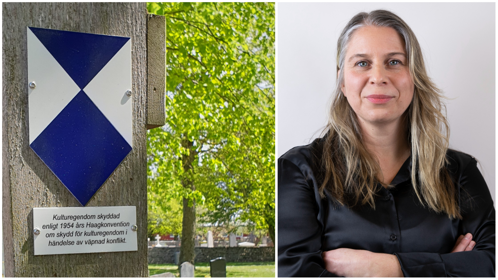 Tvådelat foto: Till vänster blåvit Haag-konventionssköld, skydd av kulturegendom i händelse av krig; till höger porträttbild på Anna McWilliams, FOI.
