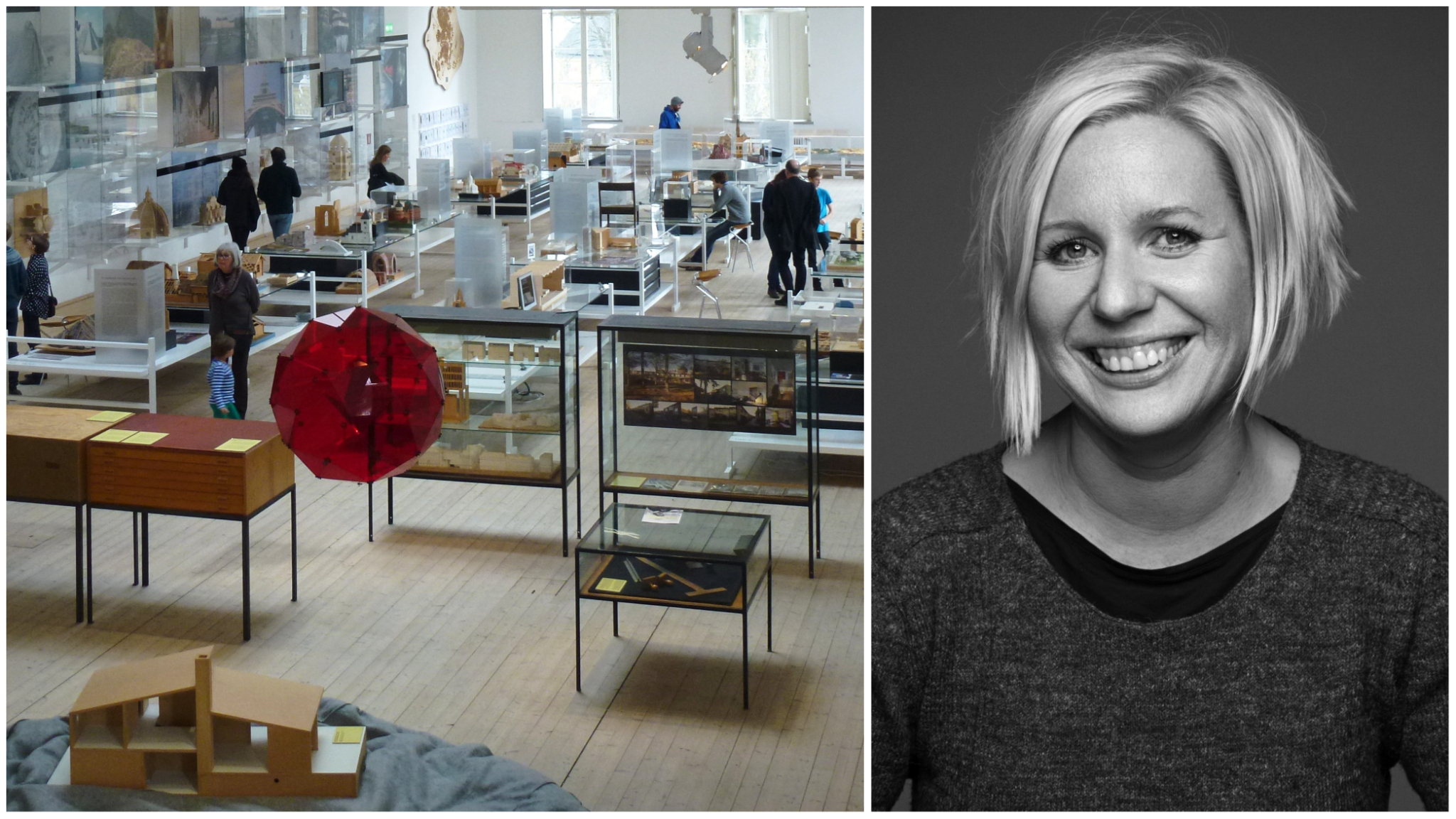 Tvådelad bild: Till vänster utställning på Arkdes; till höger Karin Nilsson, verksamhetschef Arkdes.