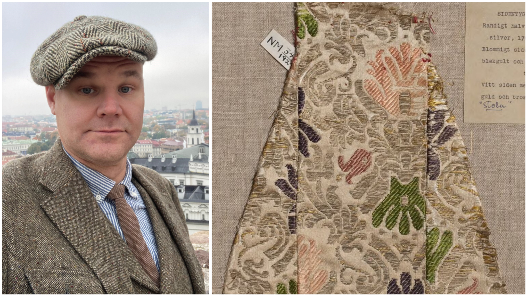 Tvådelat foto: Till vänster Andreas Olsson iklädd tweed-kavaj och -keps; till höger en stola ur Nationalmuseums samling.