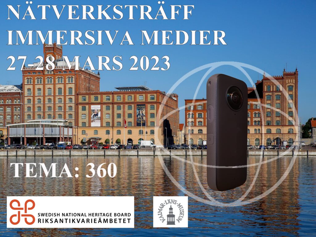 Byggnad i rött tegel med vatten, och en 360-kamera i förgrunden