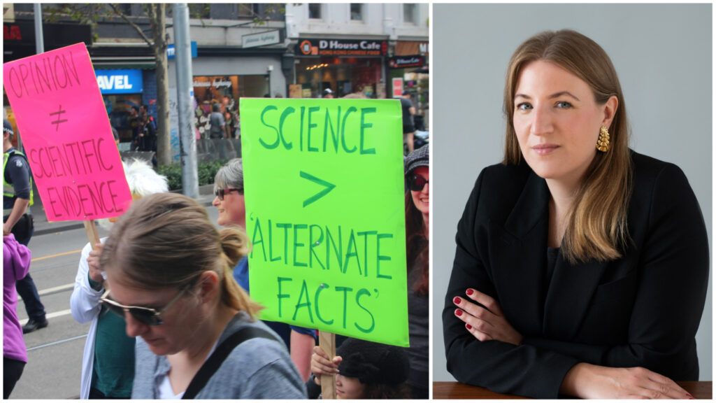 Tvådelat foto: Till vänster demonstranter med plakat med texten "science > 'alternate facts'"; till höger porträttbild på Anna Loverus.