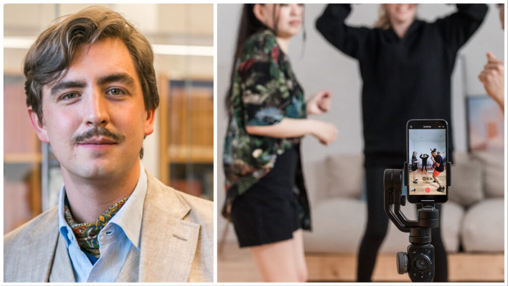 Tvådelat foto: Till vänster porträttbild på skribenten Jack Werner; till höger genrebild på ungdomar som filmar sig själva i en mobil.