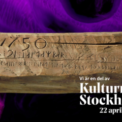En träbit fylld med runor som ligger på en lilafärgad bakgrund.