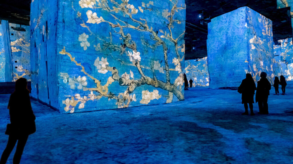 Personer i ett utställningsrum med en immersiv utställning med van Gogh-motiv.